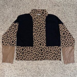 THML LEOPARD PRINT QUART ZIP PULLOVER FAUX LEATHER CUFFS / BROWN BLACK / SIZE L